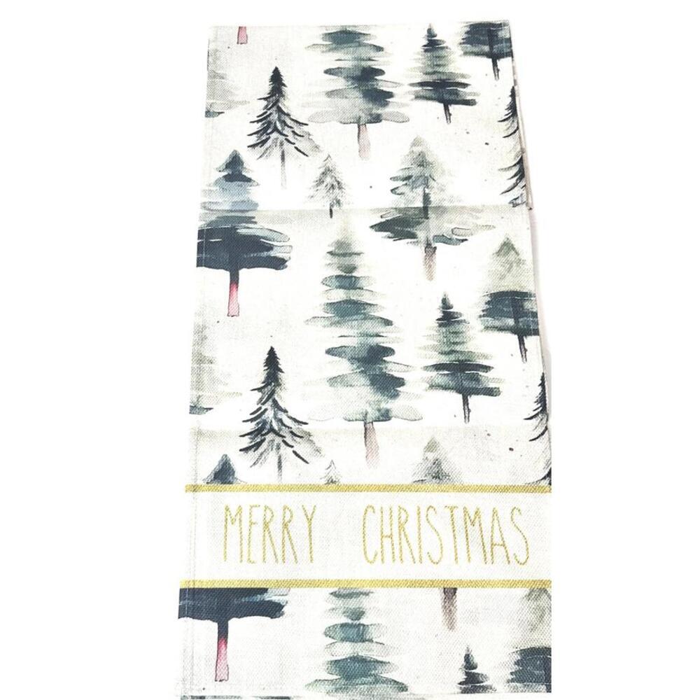 Merry Christmas Table Runner - Trees Themed Green/White - 73 in x 13.25in - Picture 2 of 6